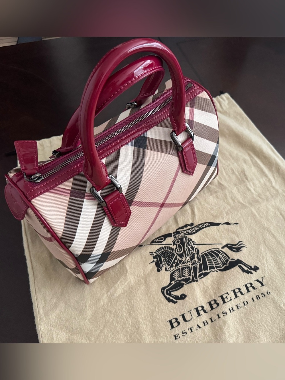 *Like New* Burberry Haymarket Check Bowling Bag with Bold Red Leather Trim